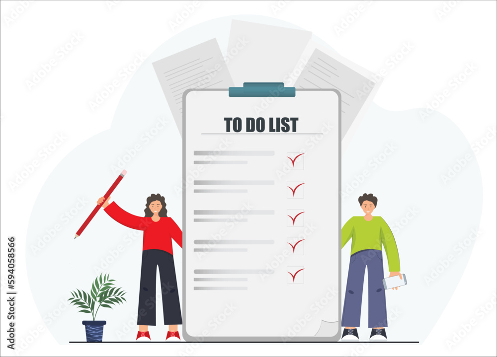 People checking to do list, planning business, management concept, check list for studying, flat vector illustration People checking to do list, planning business, management concept, check list for studying, flat vector illustration