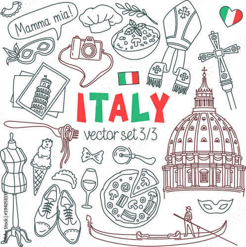 Italy doodle set. Italian landmarks, cities and cuisine. Vector drawings isolated on white background. Outline stroke is not expanded, stroke weight is editable #594058510