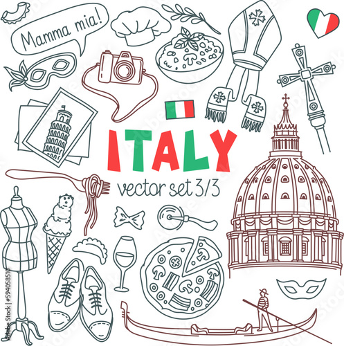 Italy doodle set. Italian landmarks, cities and cuisine. Vector drawings isolated on white background. Outline stroke is not expanded, stroke weight is editable