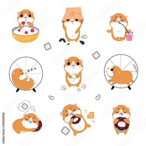 Cute little guinea pig in everyday activities set. Adorable pet animal eating, sleeping and running in wheel cartoon vector illustration