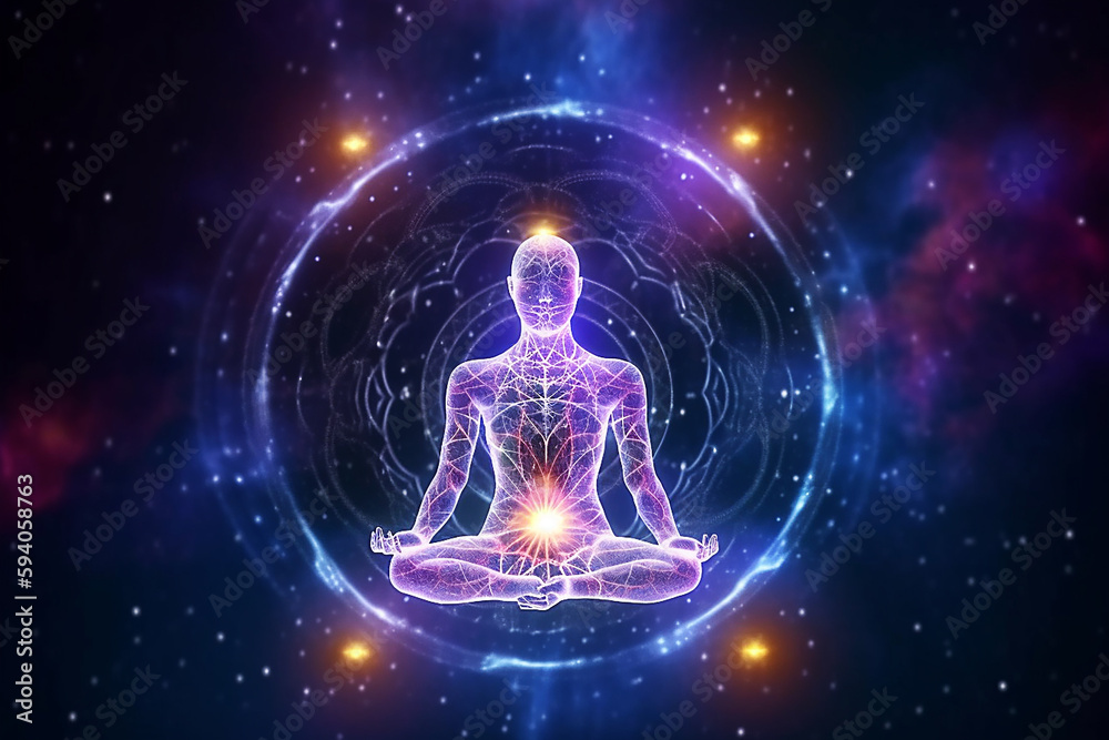 Conceito de meditação e prática espiritual, expansão da consciência, chakras e ativação do corpo astral, imagem de inspiração mística