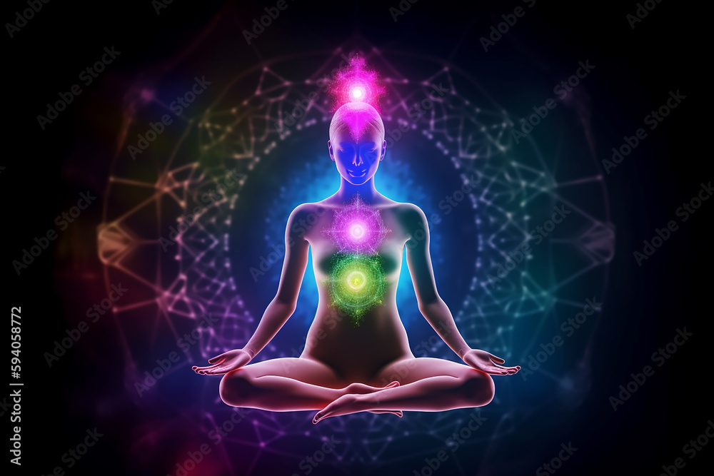 Conceito de meditação e prática espiritual, expansão da consciência, chakras e ativação do corpo astral, imagem de inspiração mística