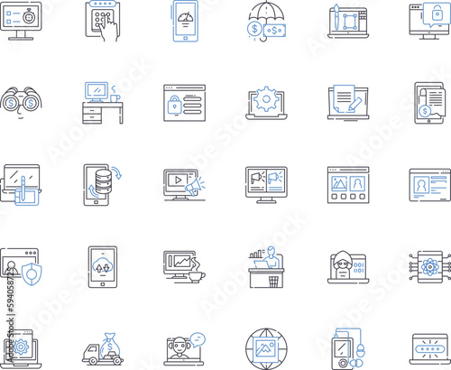 Web-based business line icons collection. E-commerce, Digital, Online, Virtual, Cloud, Mobile, SEO vector and linear illustration. Social media,Content,Marketing outline signs set photo
