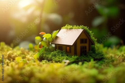 Imagem do conceito de uma pequena casa na natureza. Ideia de ecologia, energia solar e sustentabilidade