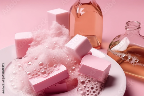 Detergente, esponja de cozinha com sabão e pratos limpos em um fundo rosa. Fechar-se. Copie o espaço. Vista do topo. foco seletivo photo