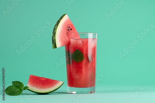 Copo de bebida deliciosa e melancia fresca sobre fundo verde claro photo