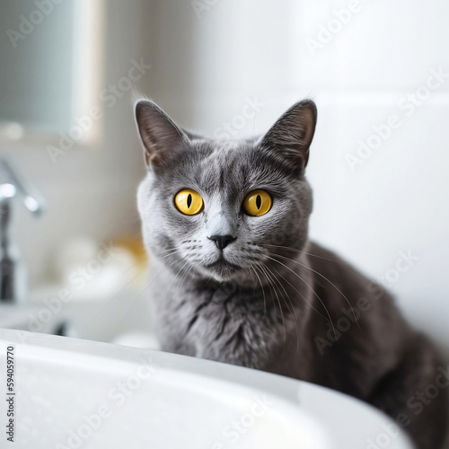 A Siamese kitten sits in the bathroom waiting for a bath. Generative AI.