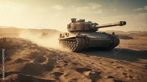 Powerful modern battle panzer tank. War crisis. 3D heavy military vehicle tank weapon illustration. AI generated photo