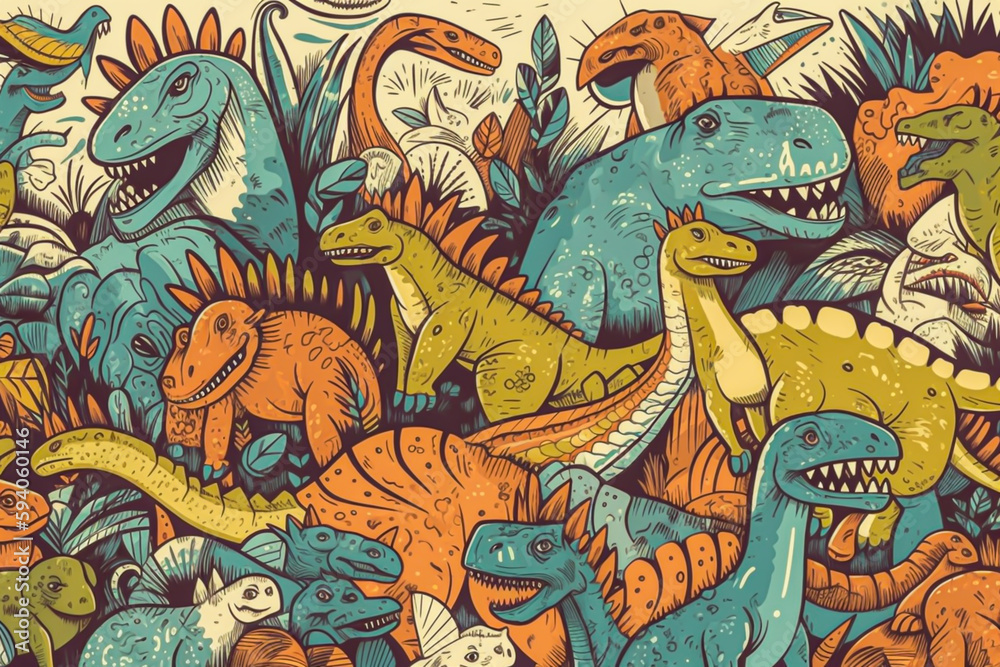 illustrations of animals, people, or objects, dinosaurs, whimsical and playful cover, cheerful, wallpaper, generative ai
