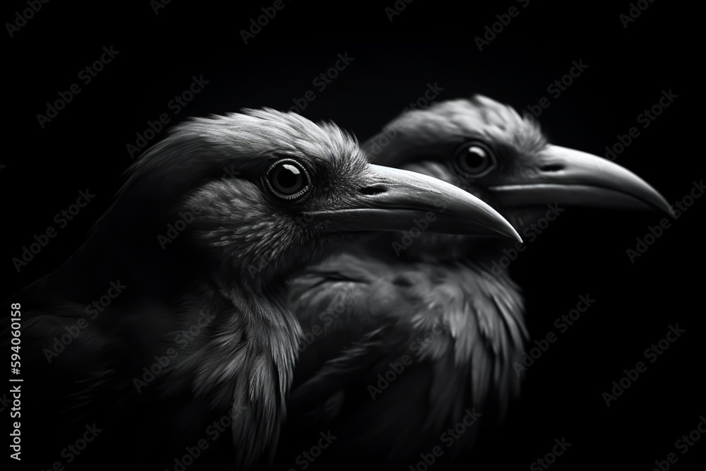 two black and white birds in black background, generative ai two black and white birds in black background, generative ai