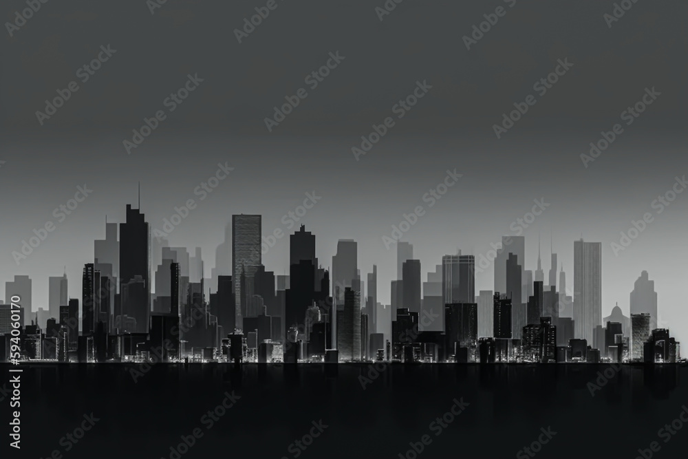 city skyline, dark black and white style of reflective effects, generative ai