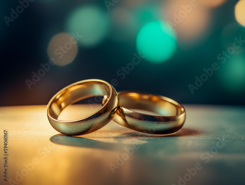 two golden wedding rings set against a blurred background, generative ai