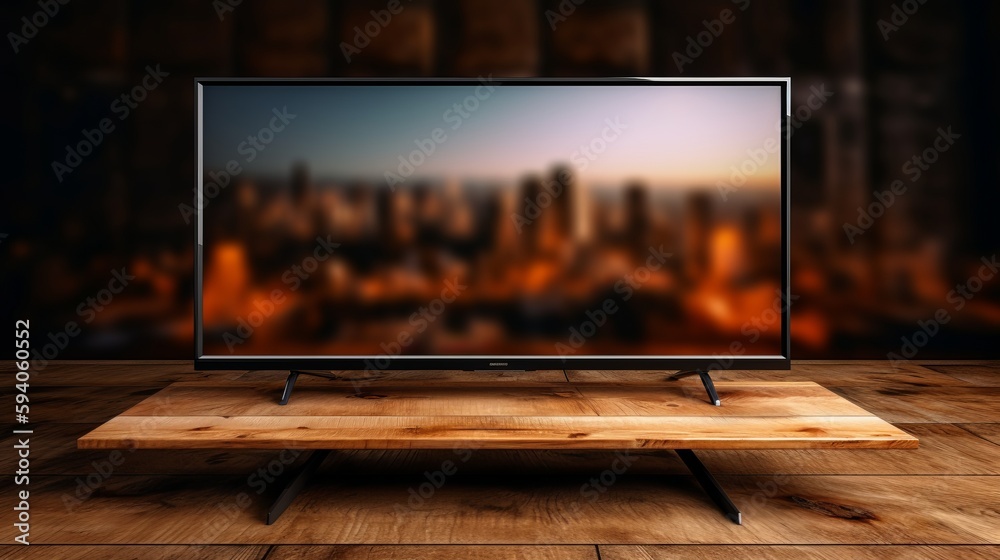 Blank smart TV screen on wooden table close-up realistic. Al generated