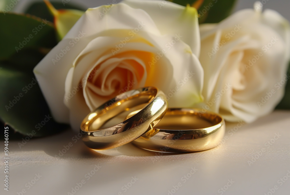 two wedding rings and flowers, background, generative ai two wedding rings and flowers, background, generative ai