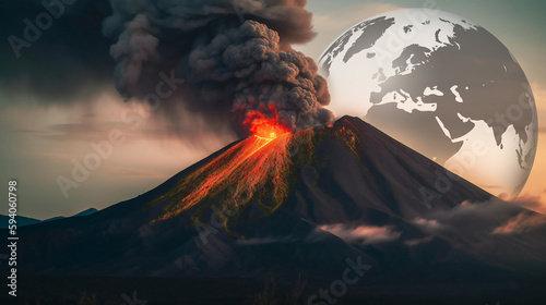 Canvas-taulu Incredible vulcano eruption with lava flowing down the hill, and thick smoke com