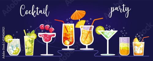 Colors on a black background Cocktail Party vector illustration. Eight various cocktail glasses and Cocktail Party text. Invitation vector poster.