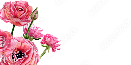 Banner con bouquet di fiori rosa, acquerello isolato su sfondo bianco