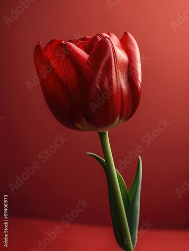 A Single Red Tulip Against a Matching Red Background. Generative AI
