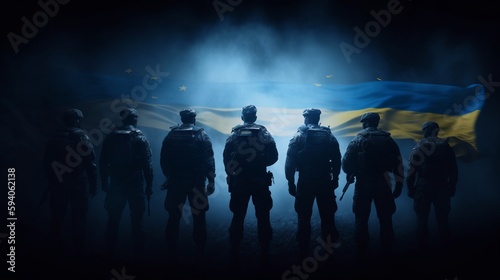 Conceptual ukrainian flag with ukraine soldiers. Al generated