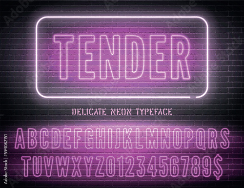 Tender sign with hollow pink neon alphabet on dark brick wall background. Night light extra glowing effect font with numbers. Vector illustration