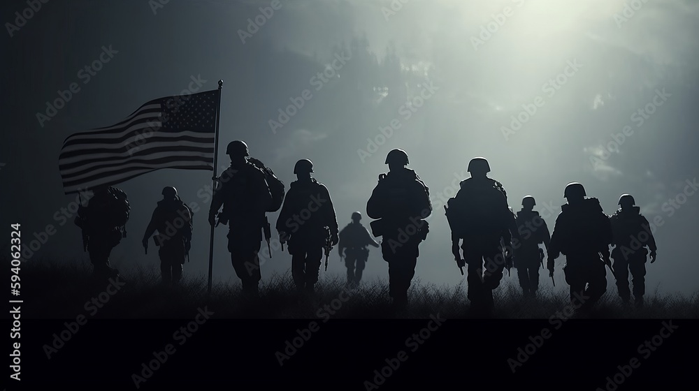 Conceptual US Flag with American soldiers silhouette. Al generated