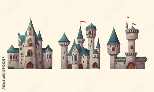 Set of royal castles. Cartoon castles. Vector flat illustration