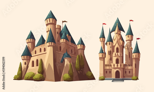 Cartoon castle on a light background. Medieval castle. Flat vector illustration.
