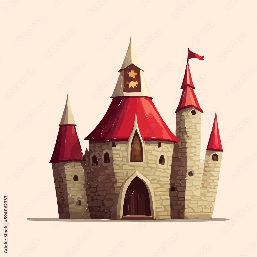 Cartoon castle with a red roof. Flat vector illustration