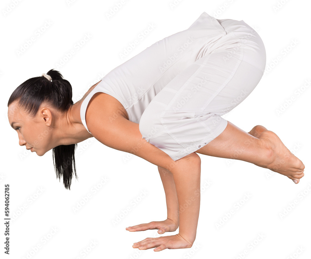 Young woman doing yoga isolated on white