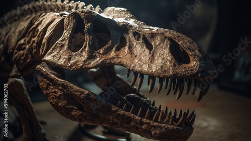 Dinosaur fossil tyrannosaurus rex found by archaelo. Al generated © ArtStage