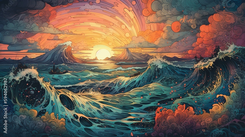 Generative AI, ocean in the sunset linear illustration, psychedelic manga style, highly detailed. Anime colorful style - obrazy, fototapety, plakaty 