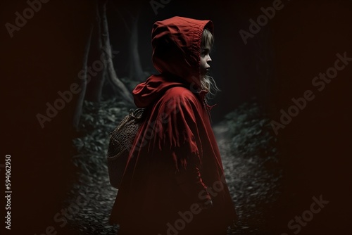 Little red riding hood in the dark woods at night, style dingy