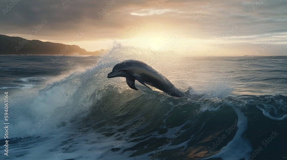 Fototapeta premium Dolphin jumping in sea water realistic photo realistic. Al generated