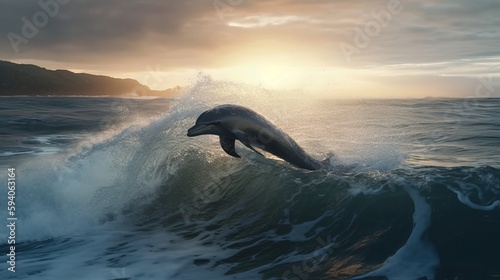 Dolphin jumping in sea water realistic photo realistic. Al generated © ArtStage
