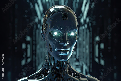 Closeup of a robot with an artificial intelligence face. Generative Ai.