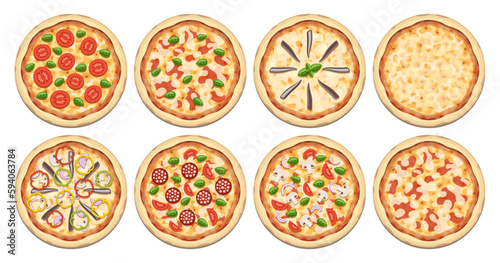 Vector pizza set. Realistic full size pizza on white background
