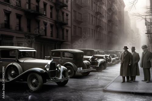 illustration of cars in the 1930s parked in the street during a mafia meeting, Generative Ai.