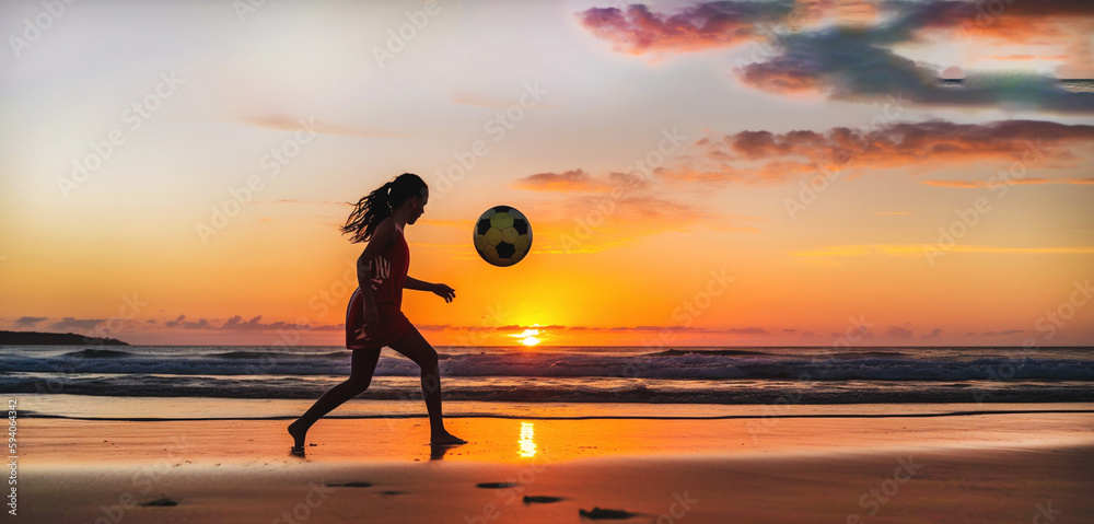  Active summer sport near the sea, beach soccer at sunset. Close-up. Generative Ai content.