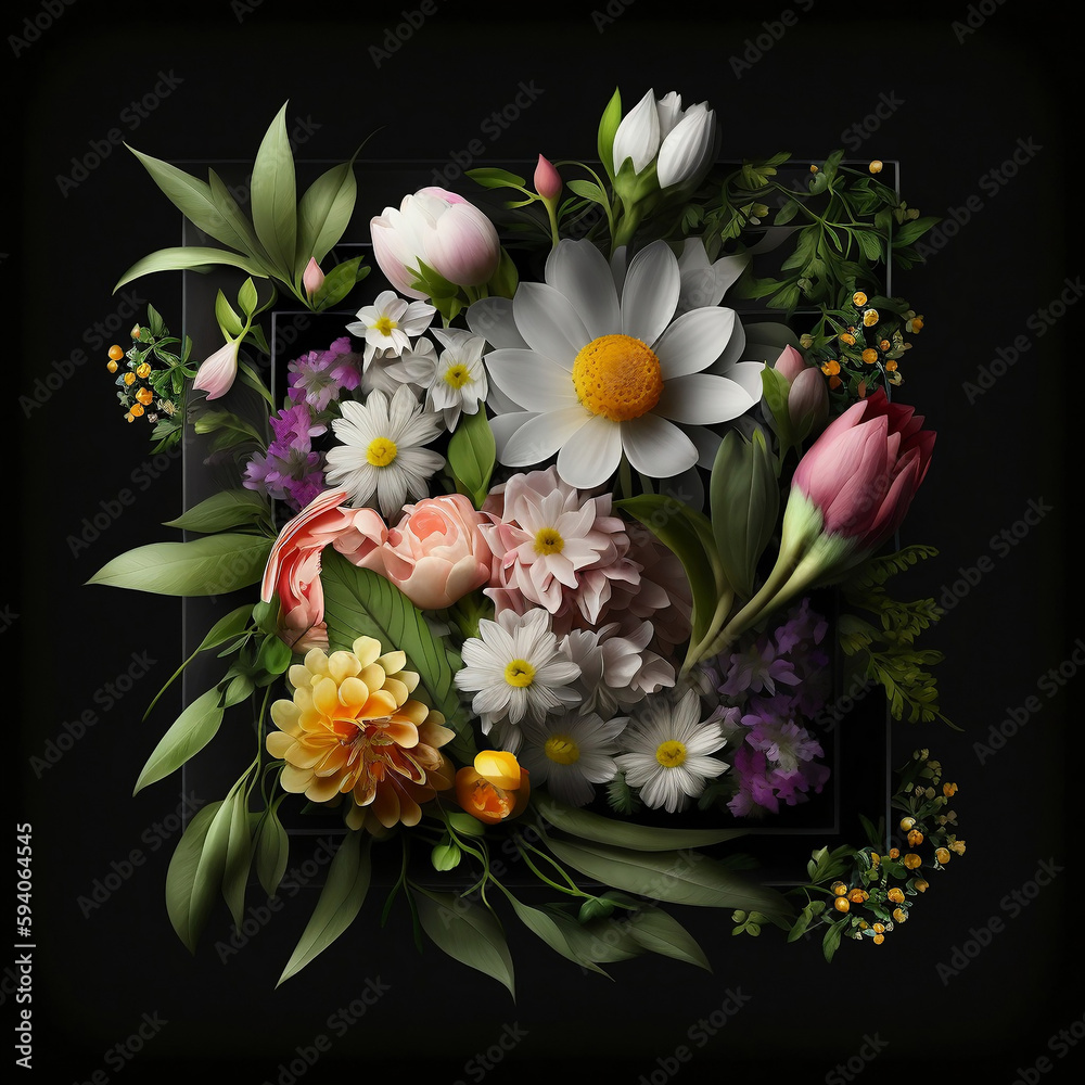 Spring fresh flowers in a square frame on a black background. Generated AI