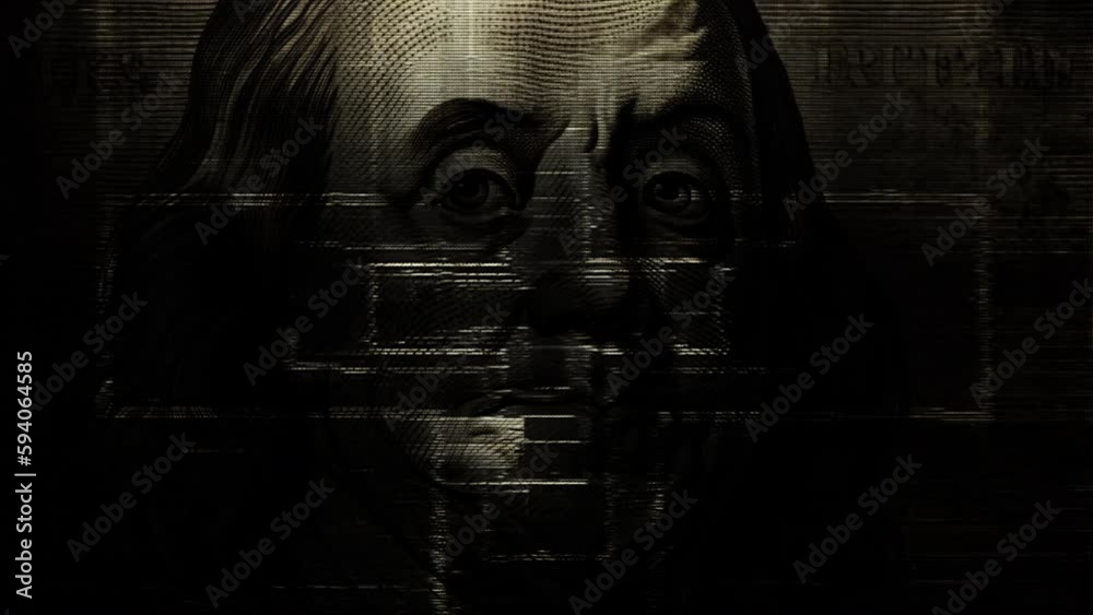 Dollar bills, money background. Cash money banknotes. Benjamin Franklin on an old US 100 dollar bill with glitch effect. Stop Motion