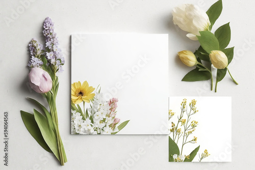 A empty white card for text on a table surrounded by flowers. Generated AI