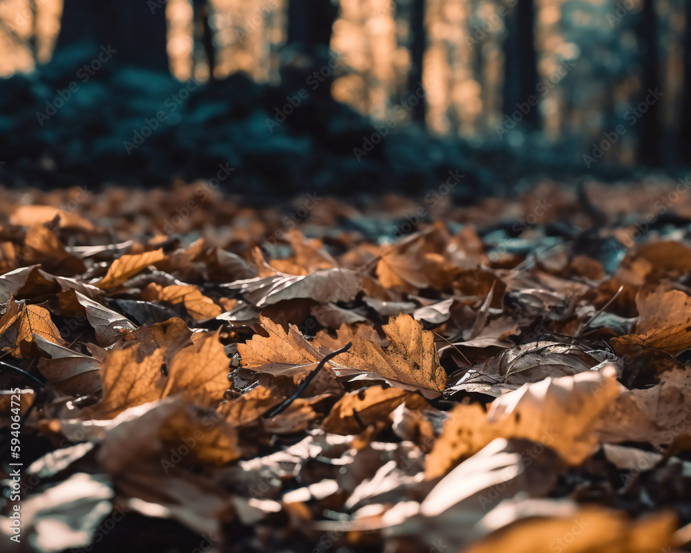 Forest floor covered with leaves, generative AI