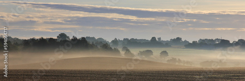 Misty fields on a summer morning in Sjaellan, Denmark. photo