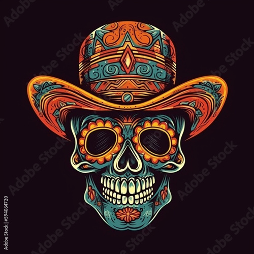 Festive Mexican skull in a sombrero.Generative AI technology.