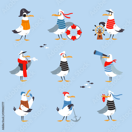 Gull Character with Webbed Feet Wearing Striped Vest and Hat with Anchor and Steering Wheel Vector Set