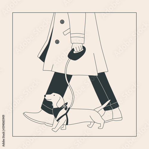 A man in a coat with a small dog on a leash. Cute dachshund for a walk. Dog show or dog walking in the city or in the park. Vector flat contour graphics.