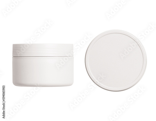 cream jar. White glass cosmetic package,Face creme pack, container template. Skin blush care gel jar, round design. Medical ointment template, isolated on a transparent background, top view, cut out