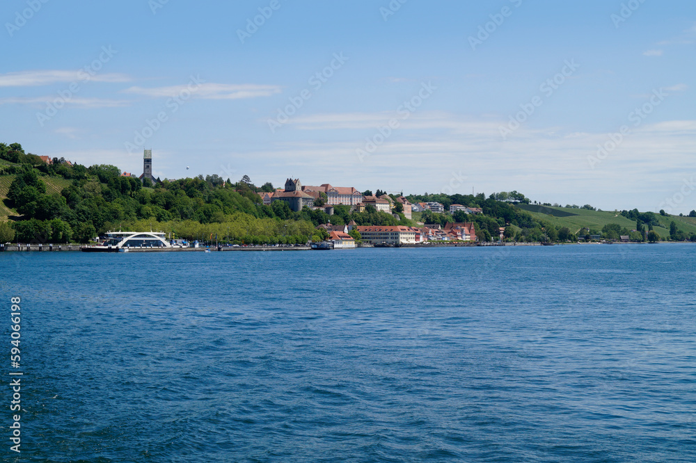 a view of the scenic medieval German city Meersburg on lake Constance or Bodensee on a warm sunlit day in spring (Germany)