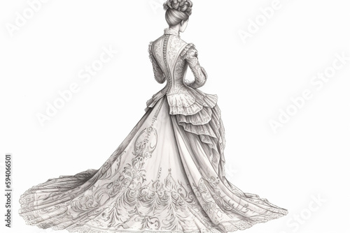 illustrated drawing of woman dressed puffy dress in Victorian era 19th century clothing on white background, back side view, created with Generative AI Technology