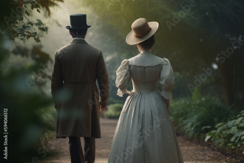 Woman and man dressed in Victorian era 19th century clothing walk through green park in springtime. The woman in dress, man in suit, back side view, created with Generative AI Technology photo